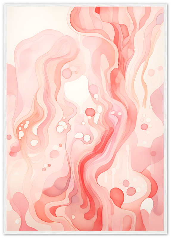 Abstract watercolor art with red and pink flowing patterns and bubbles.