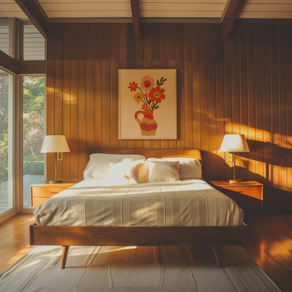 Cozy bedroom interior with warm light, a large bed, side tables, and a floral wall art.