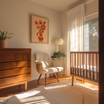 Cozy nursery room with a crib, armchair, and warm sunlight streaming through a window.