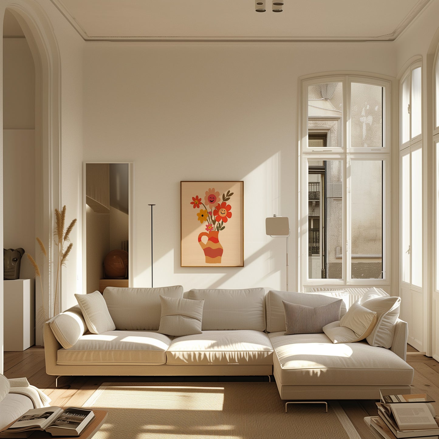 A bright, modern living room with a large white sofa and a floral painting on the wall.