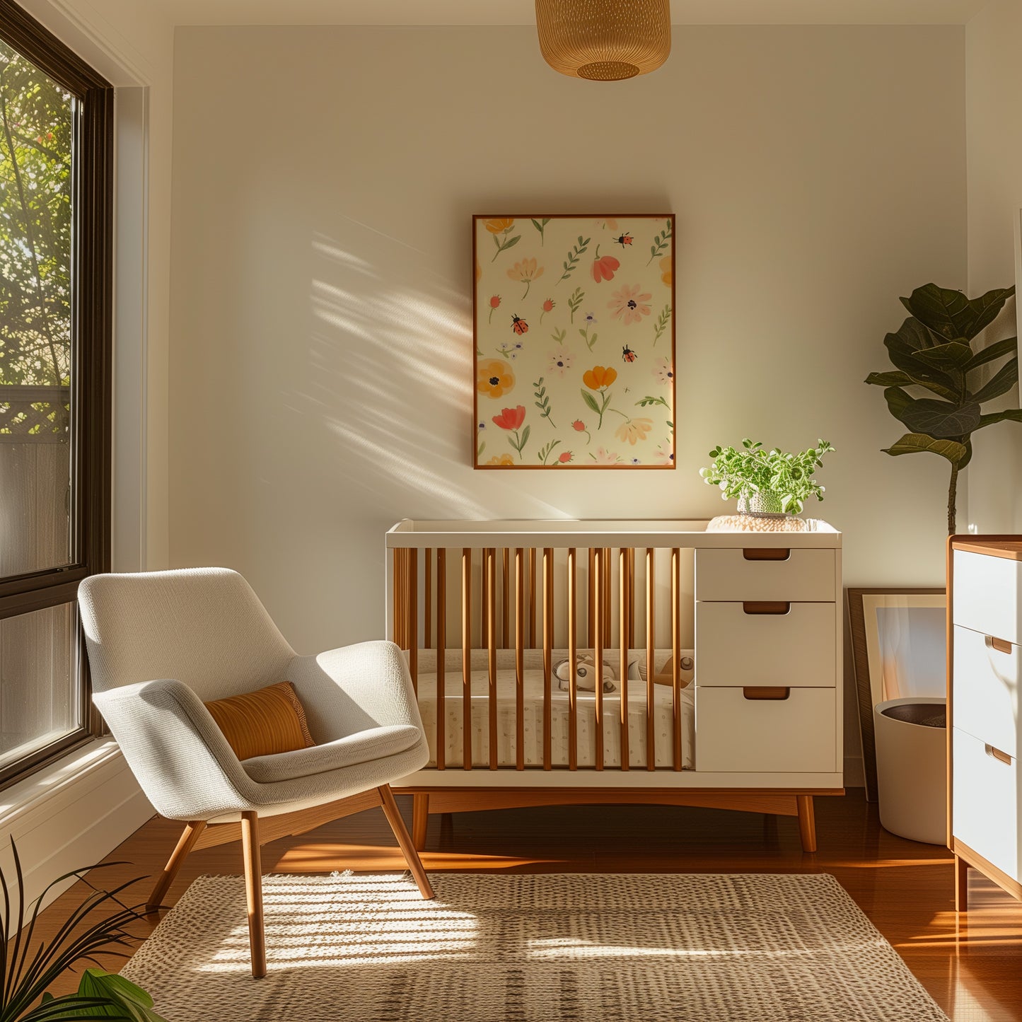 A cozy nursery room with a crib, armchair, and plant under natural light.