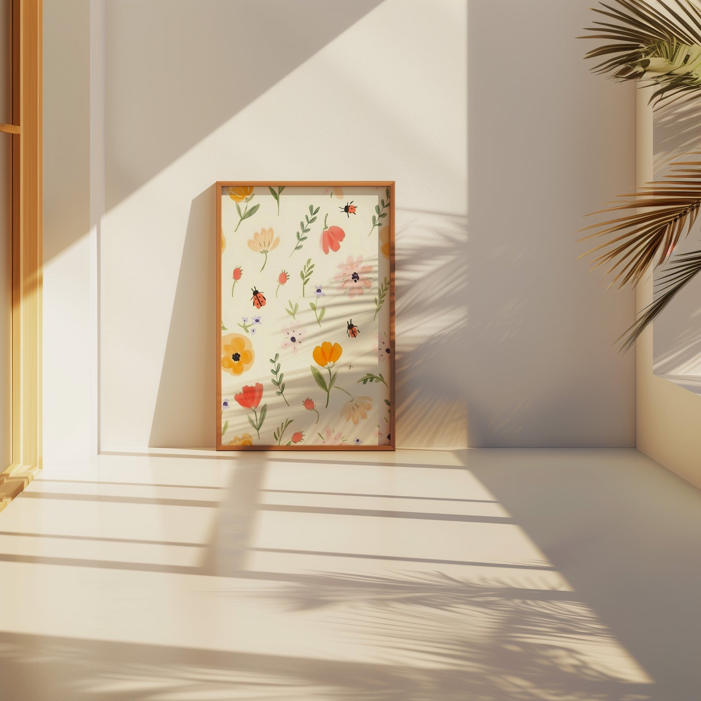 A floral painting leaning against a wall with sunlight casting shadows in the room.