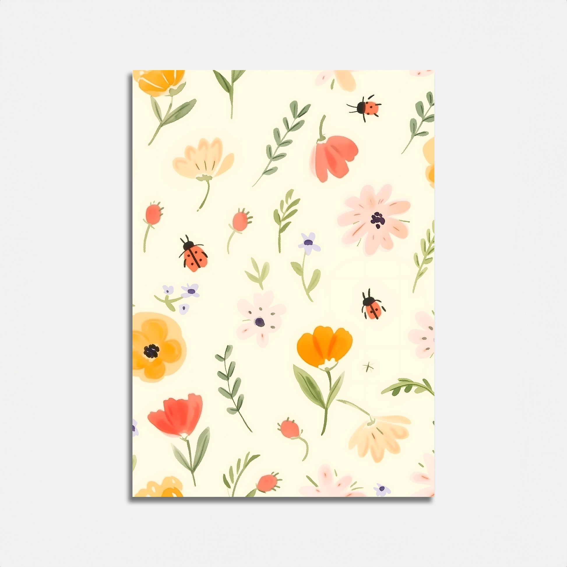 A notebook with a floral and ladybug pattern on the cover.