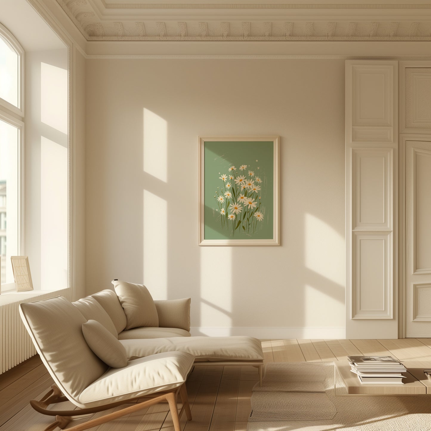 A cozy, sunlit room with a sofa and a floral painting on the wall.