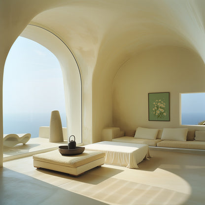 Spacious minimalist interior with curved walls, large arch window with a sea view, and elegant furniture.