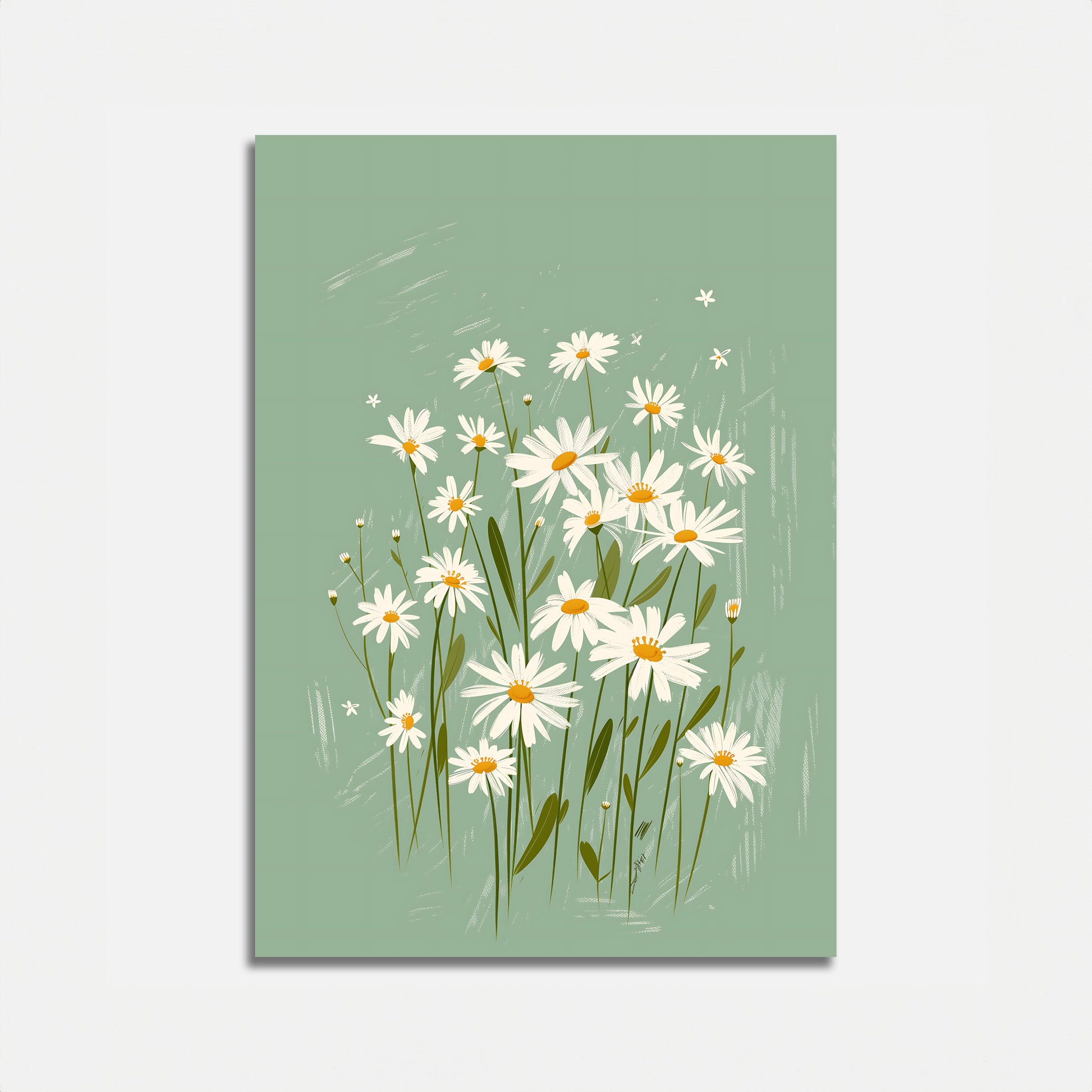 Illustration of a bunch of white daisies with a green background.