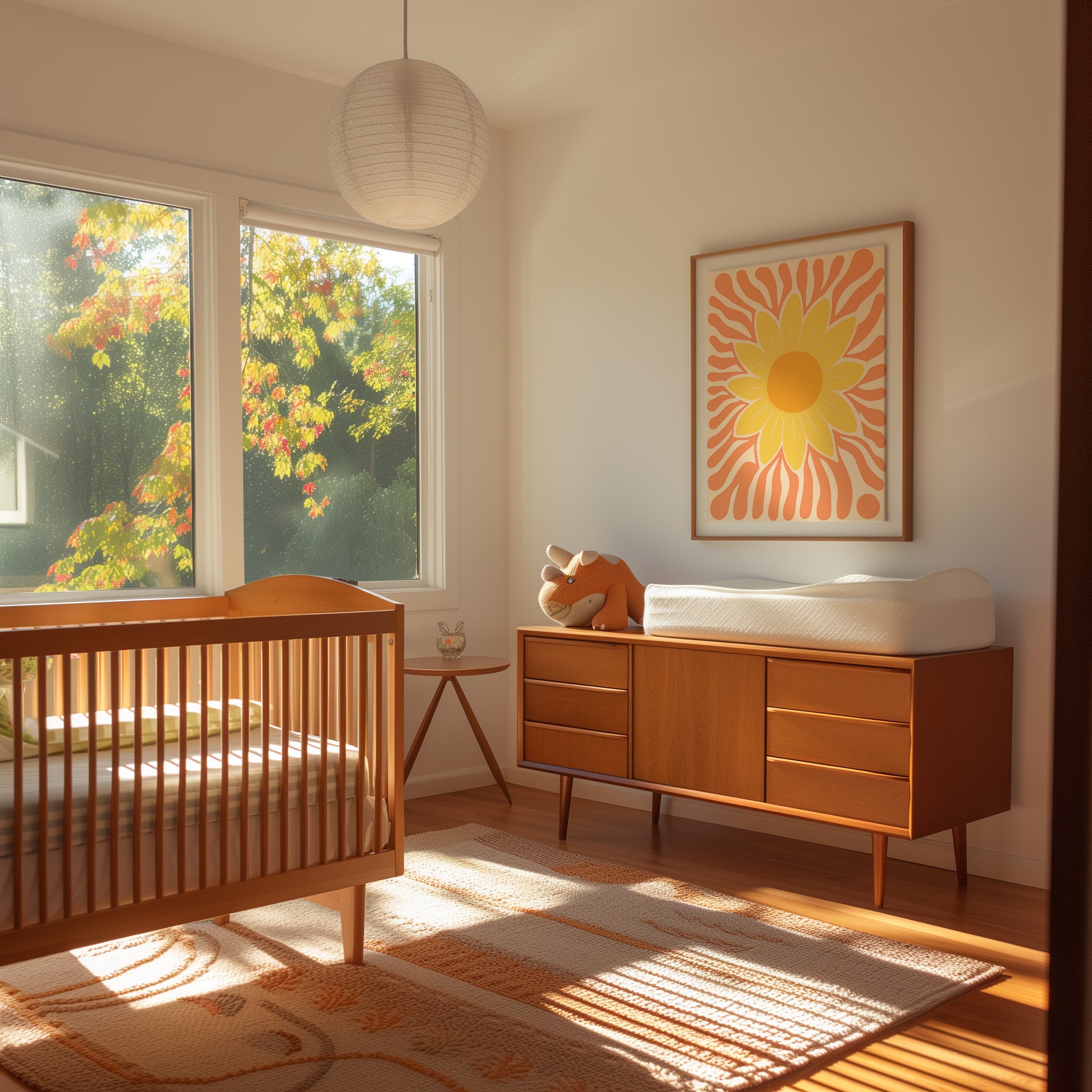 A sunny bedroom with a wooden crib, dresser, and a colorful painting on the wall.