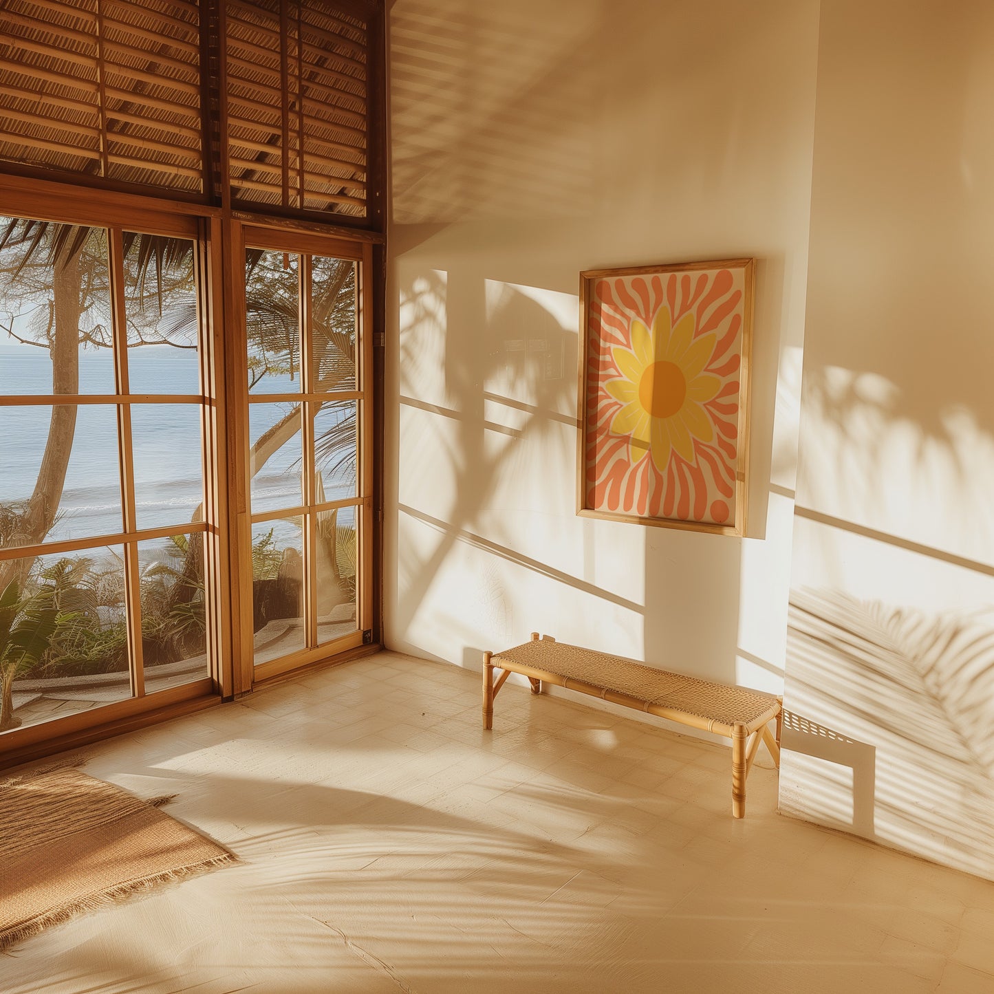 A sunlit room with a view of the sea through large windows, featuring a flower painting and a bench.