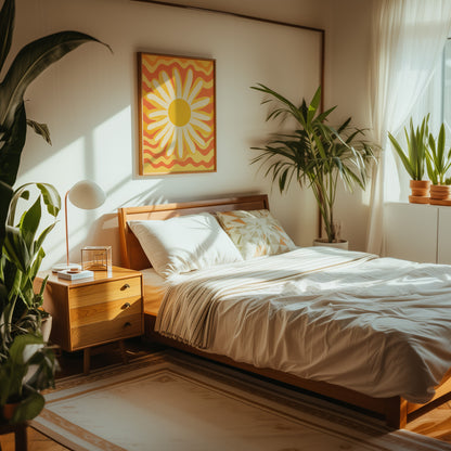 A cozy bedroom with a wooden bed, plants, and a sun artwork on the wall.