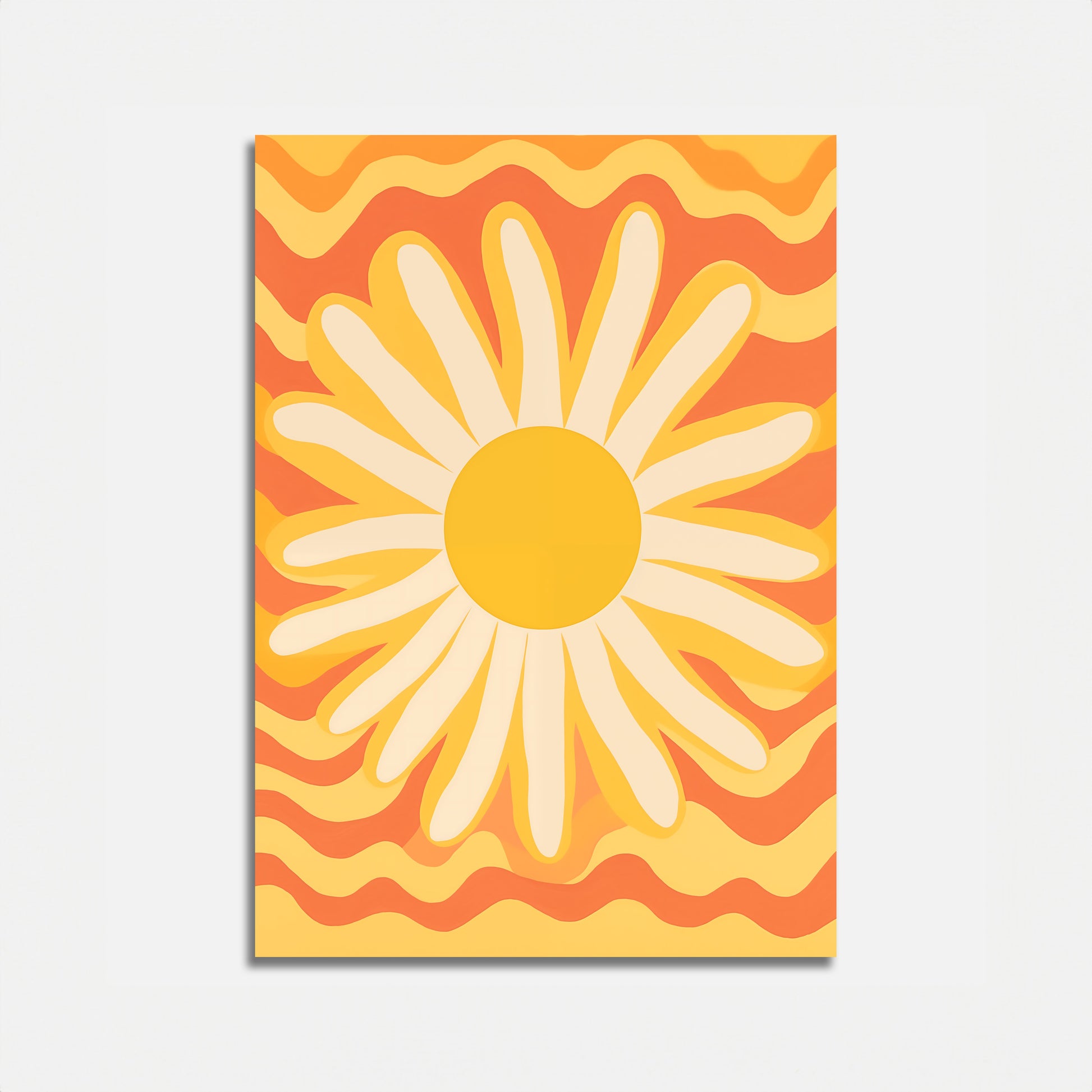 A vibrant graphic artwork of an abstract sunflower with wavy orange patterns.