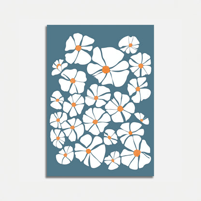 A graphic art poster with white flowers and orange centers on a blue background.