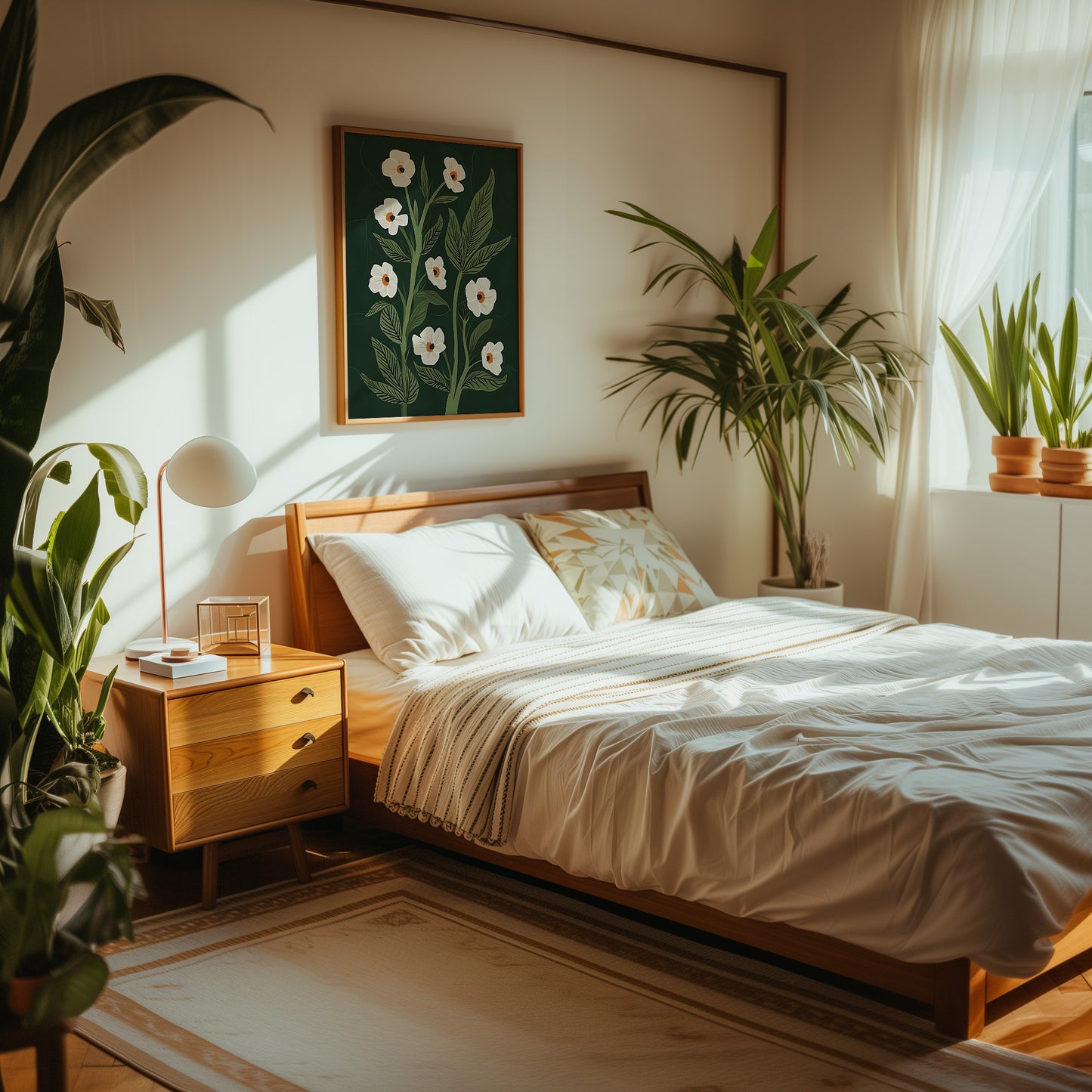 Cozy bedroom with sunlight, wooden bed, white bedding, plants, and wall art.