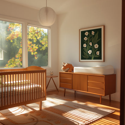 Cozy sunlit bedroom with a wooden crib, dresser, and a colorful autumn view outside.