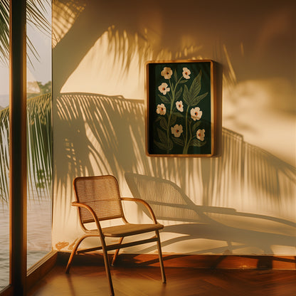 A serene room corner with a chair, framed floral art, and shadows of palm leaves at sunset.