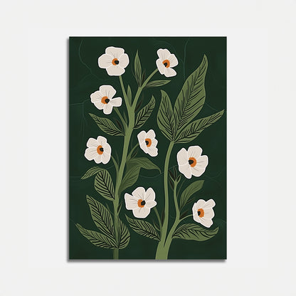 Illustration of white flowers with green leaves on a dark background.
