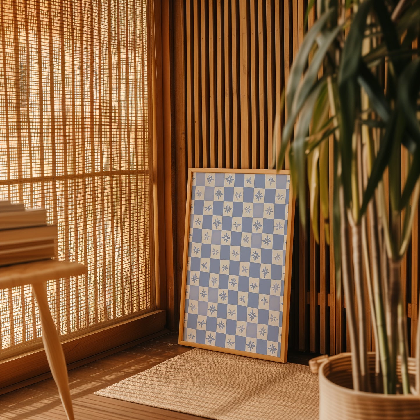 Decorative board with blue patterns leaning against a wall beside a plant in a sunny room with blinds.
