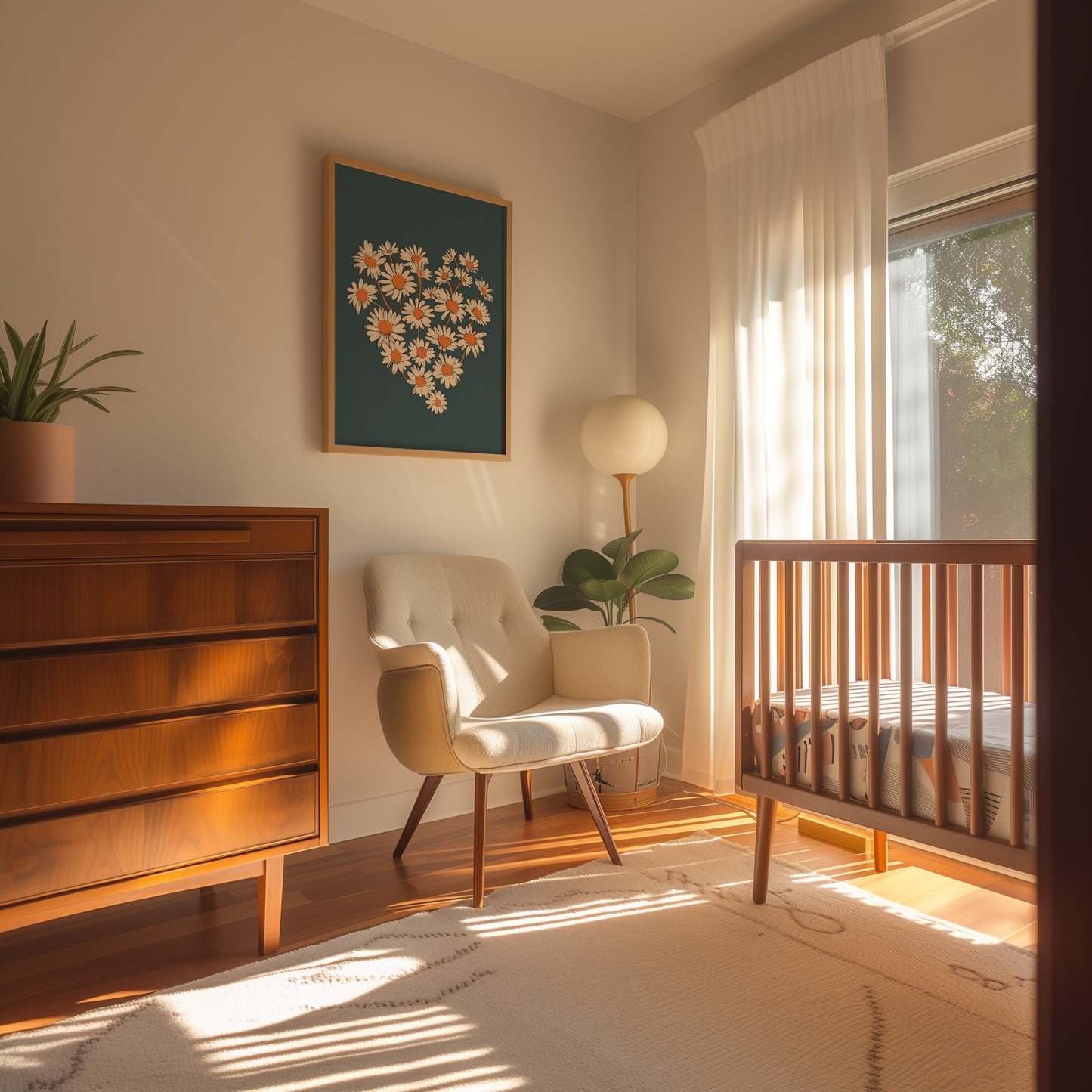 Cozy nursery room with crib, armchair, and warm sunlight through the window.