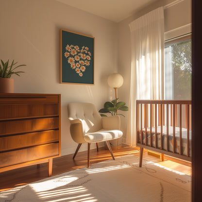 Cozy nursery room with crib, armchair, and warm sunlight through the window.