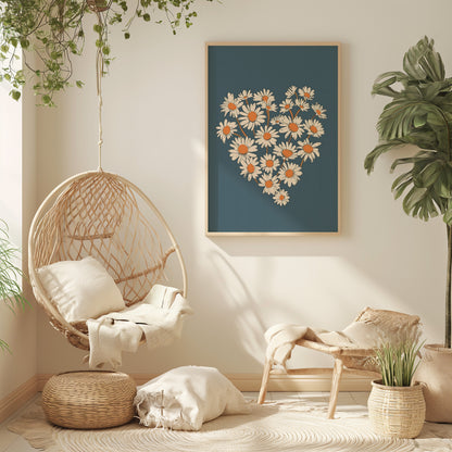 A cozy room corner with a swing chair, plants, and a floral wall art.