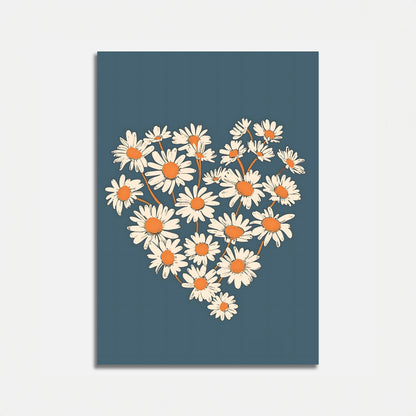 A canvas print with a heart-shaped arrangement of daisy flowers against a dark blue background.