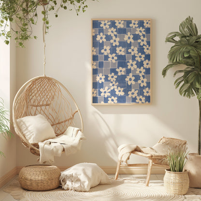 A cozy corner with a hanging chair, plants, and a blue floral artwork.