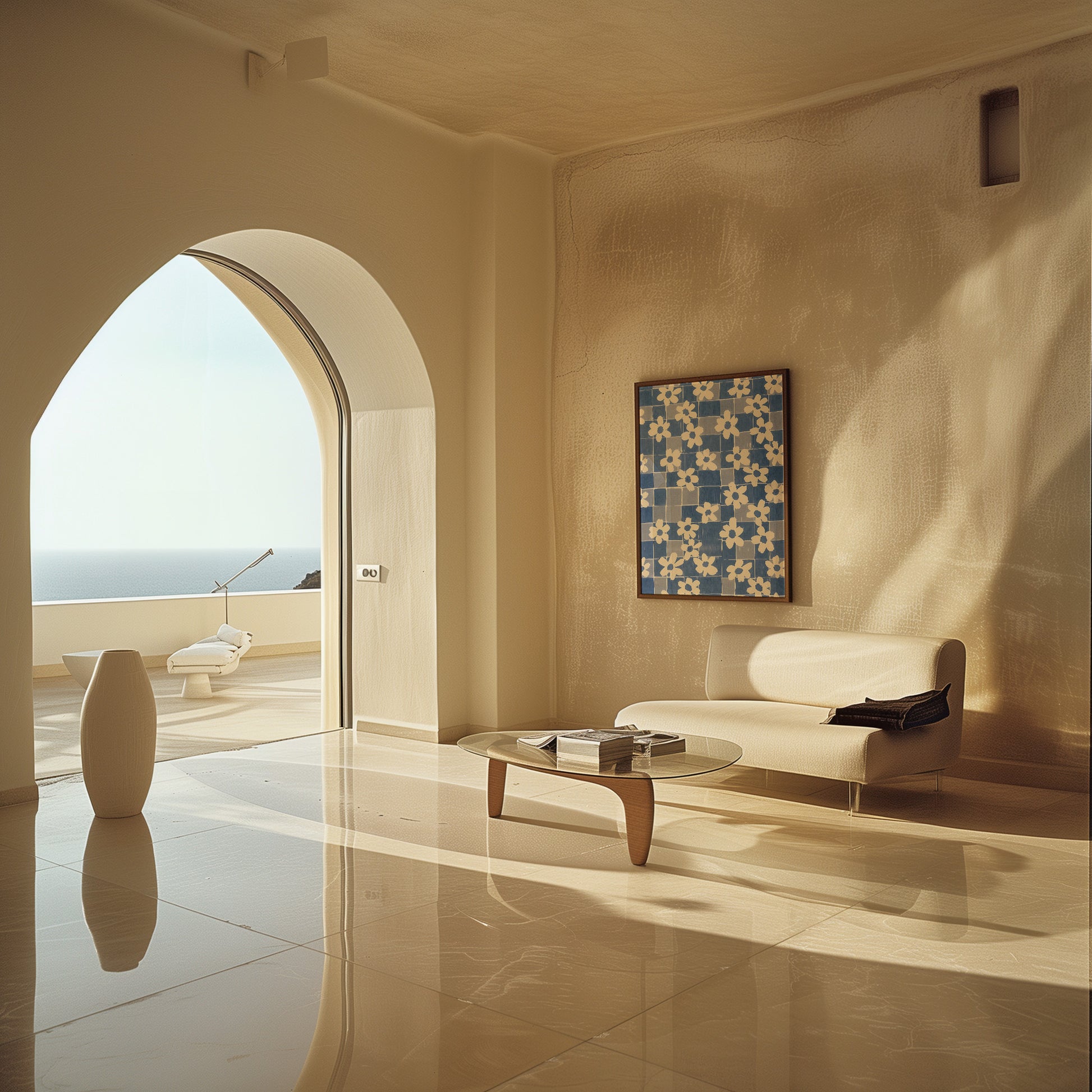 Bright, sunlit room with arch doorway, ocean view, modern furniture, and artwork on the wall.