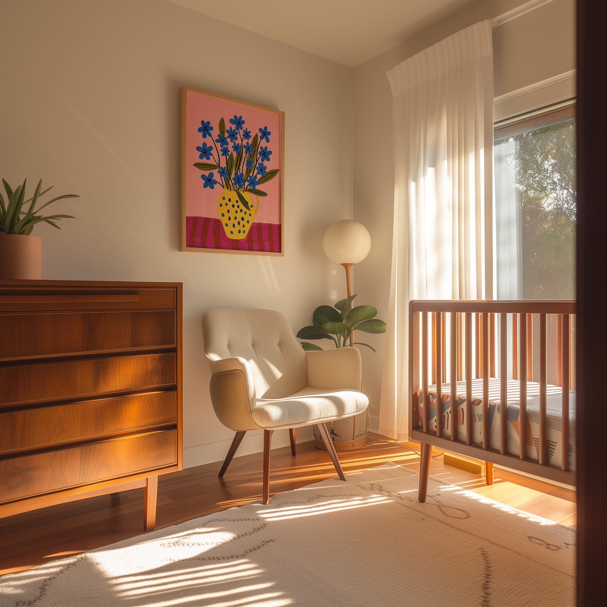 A cozy nursery room with a crib, a comfortable chair, and warm sunlight filtering through the window.