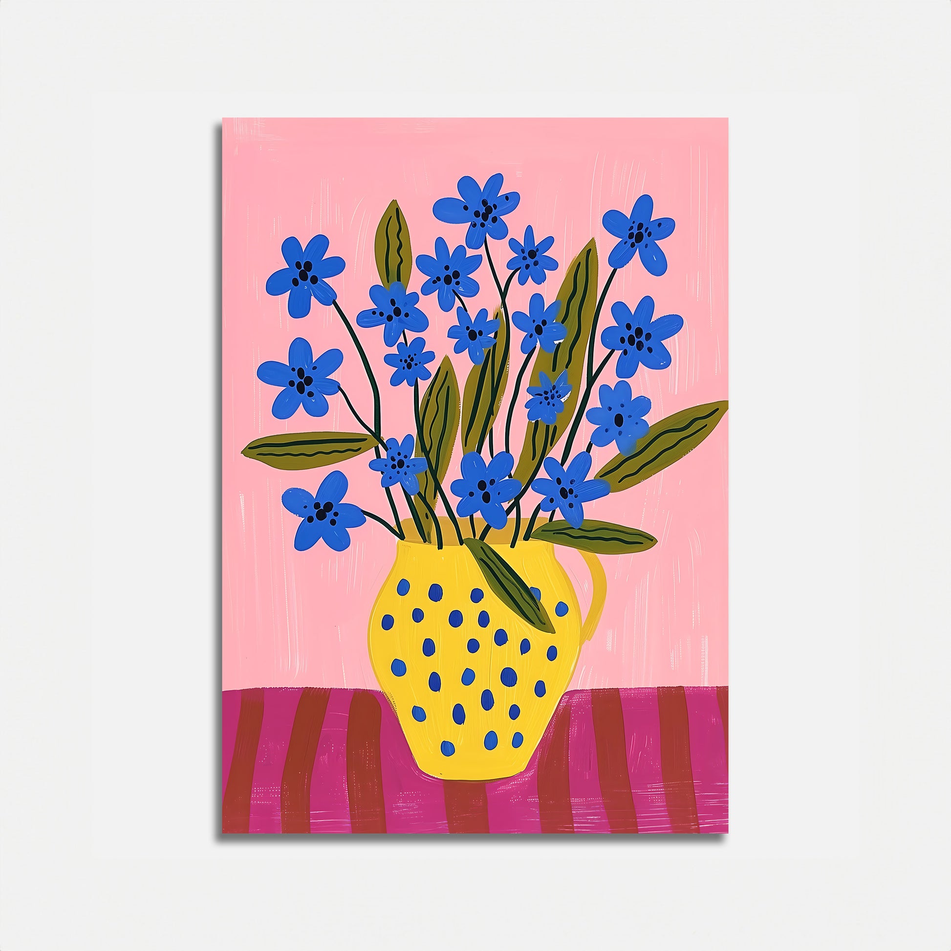 A colorful illustration of blue flowers in a yellow dotted vase against a pink background.