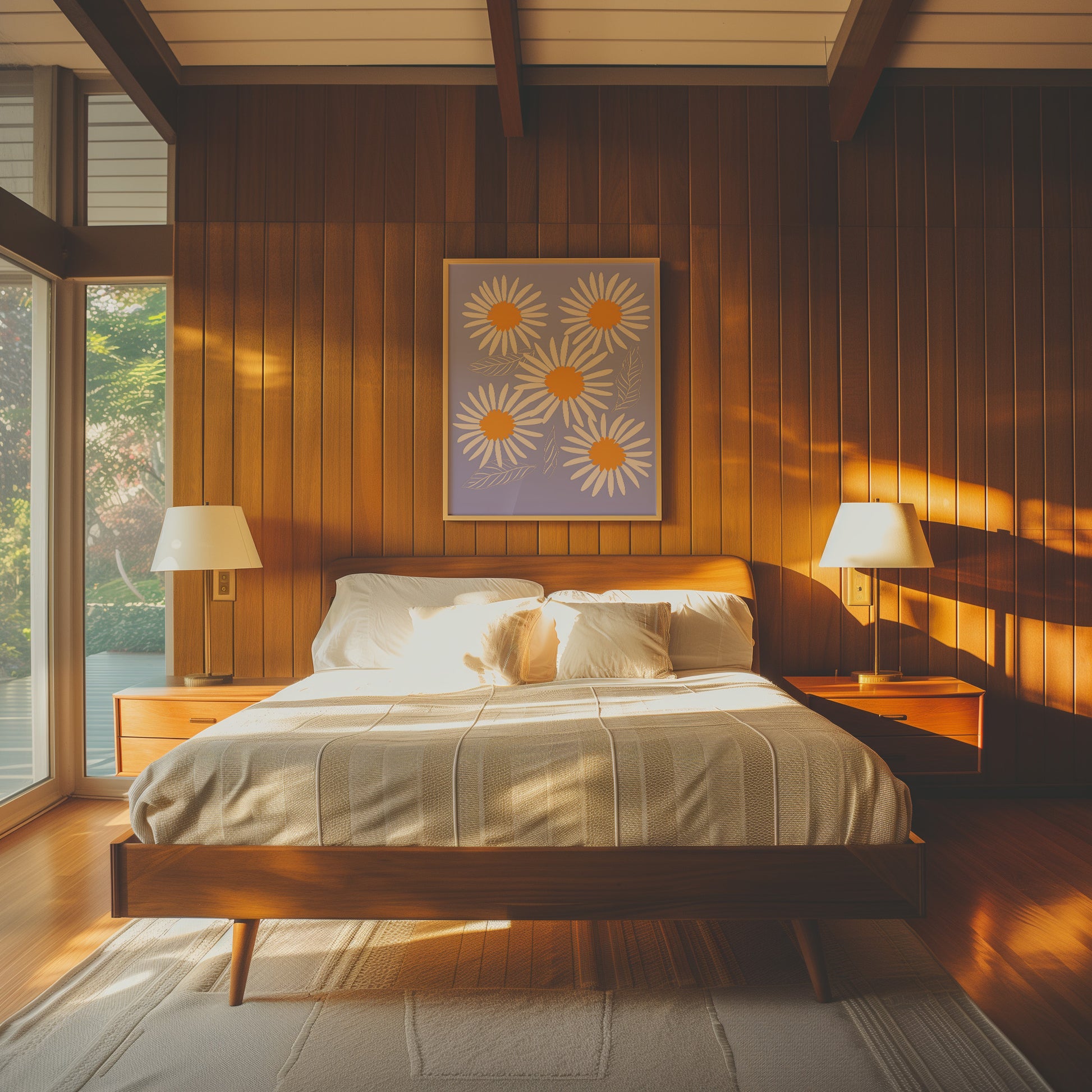 Cozy bedroom with warm lighting, a large bed, wooden walls, and artwork above the bed.