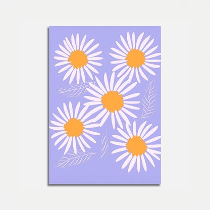 A graphic art print of white daisies with yellow centers on a purple background.