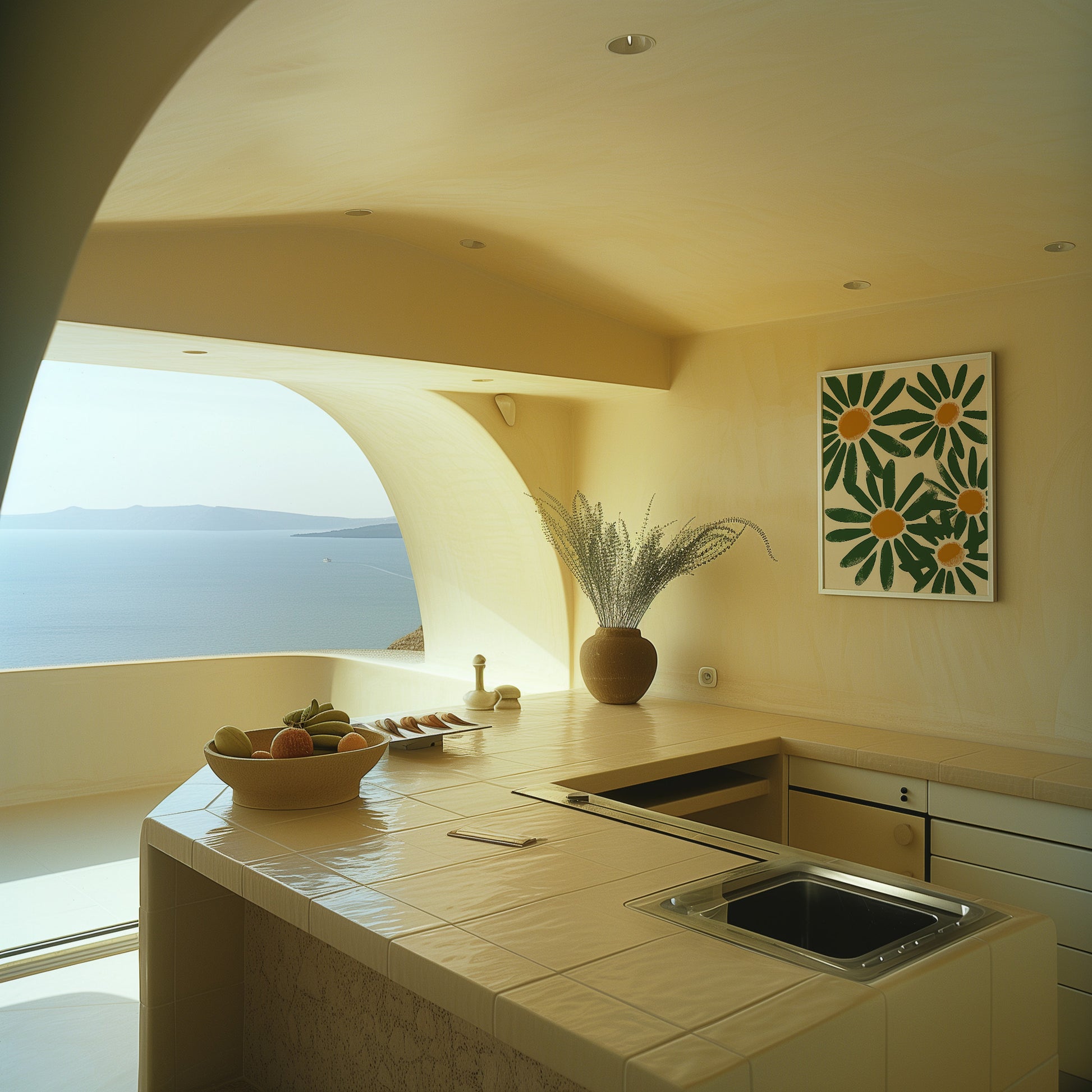 A modern kitchen with a sea view, featuring a curved ceiling and a bowl of fruit on the counter.
