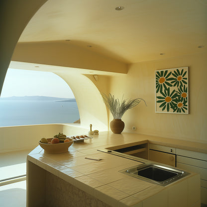 A modern kitchen with a sea view, featuring a curved ceiling and a bowl of fruit on the counter.