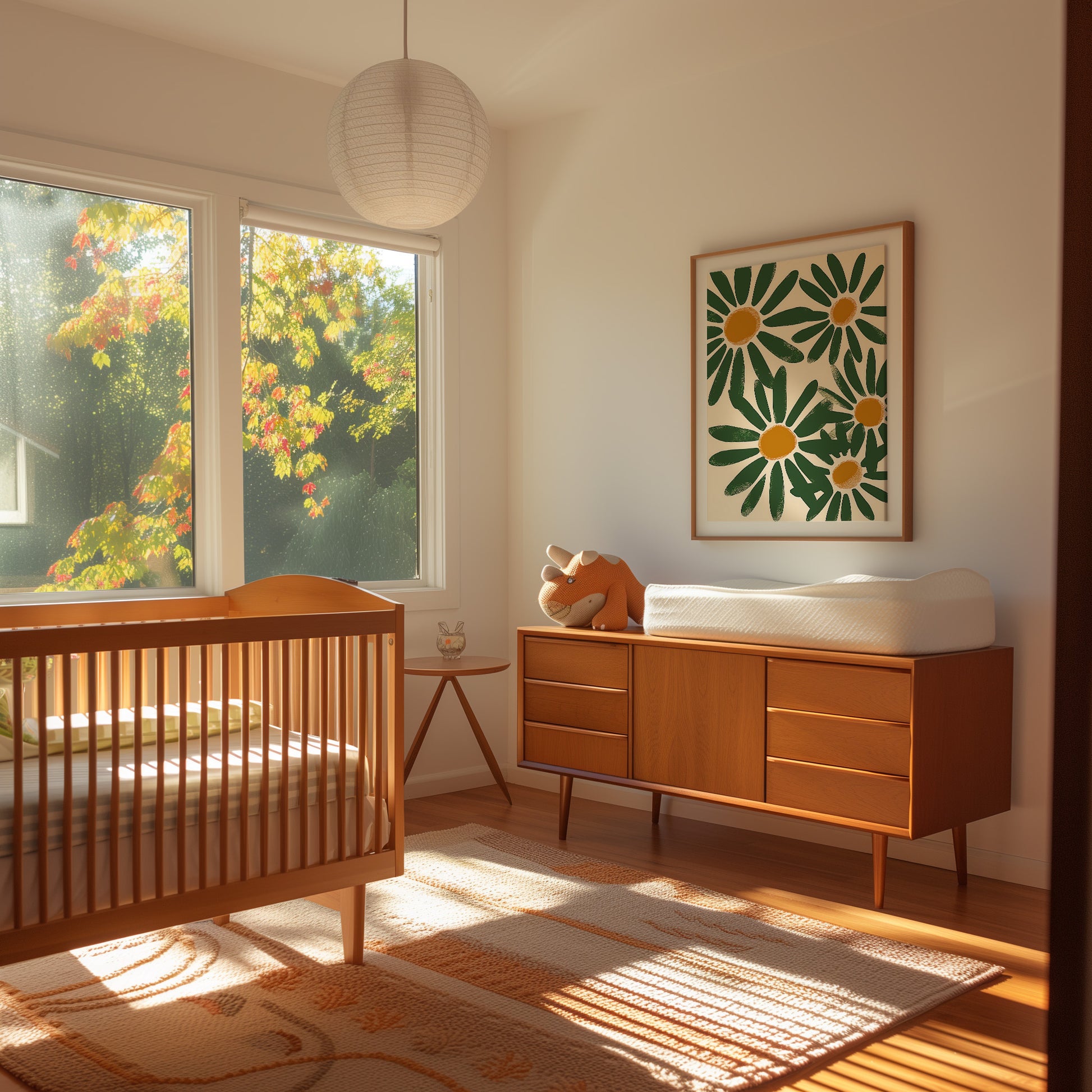 A cozy sunlit bedroom with a wooden crib, dresser, and colorful autumn trees outside the window.