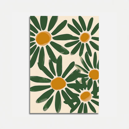 A stylized illustration of daisies with green leaves and yellow centers on a cream background.
