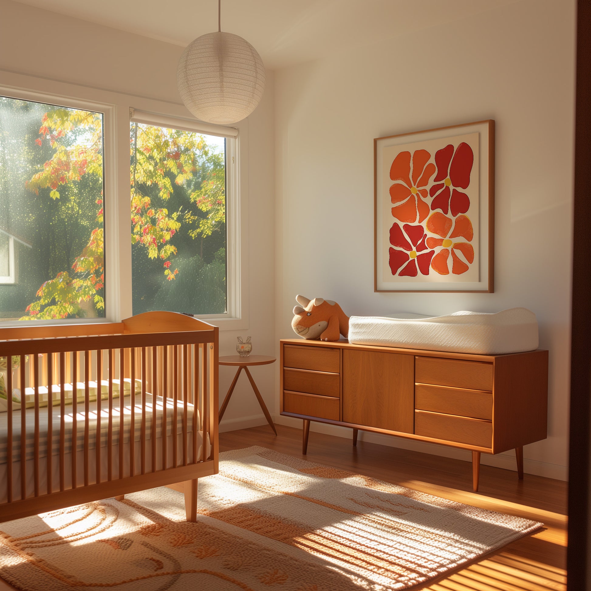A cozy nursery with a crib, dresser, and autumn leaves visible through the window.
