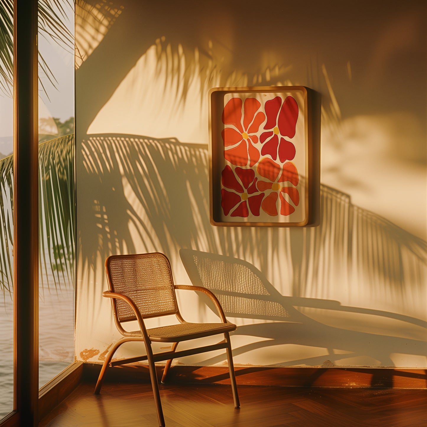 A warm, sunlit room with a chair and shadow of palm leaves on the wall.