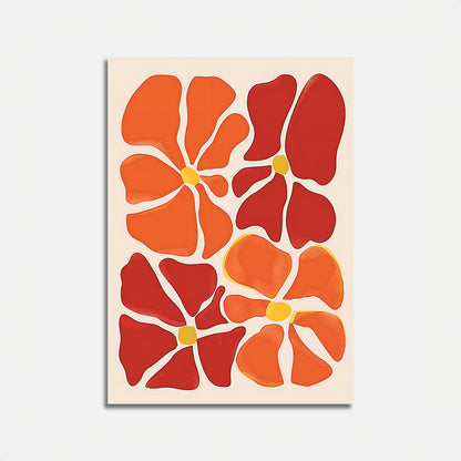 Abstract floral art with red and orange petals on a cream background.