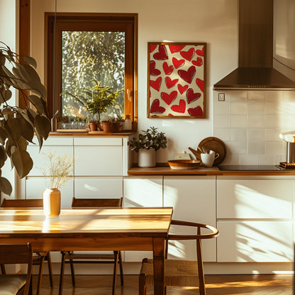 Cozy kitchen interior with sunlight, plants, and a red artwork on the wall.