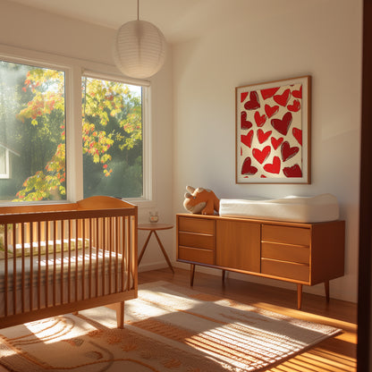 A cozy nursery with a crib, dresser, and autumn trees visible outside the window.