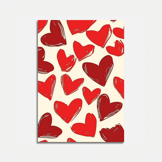 A canvas with a pattern of sketched red hearts on a white background.