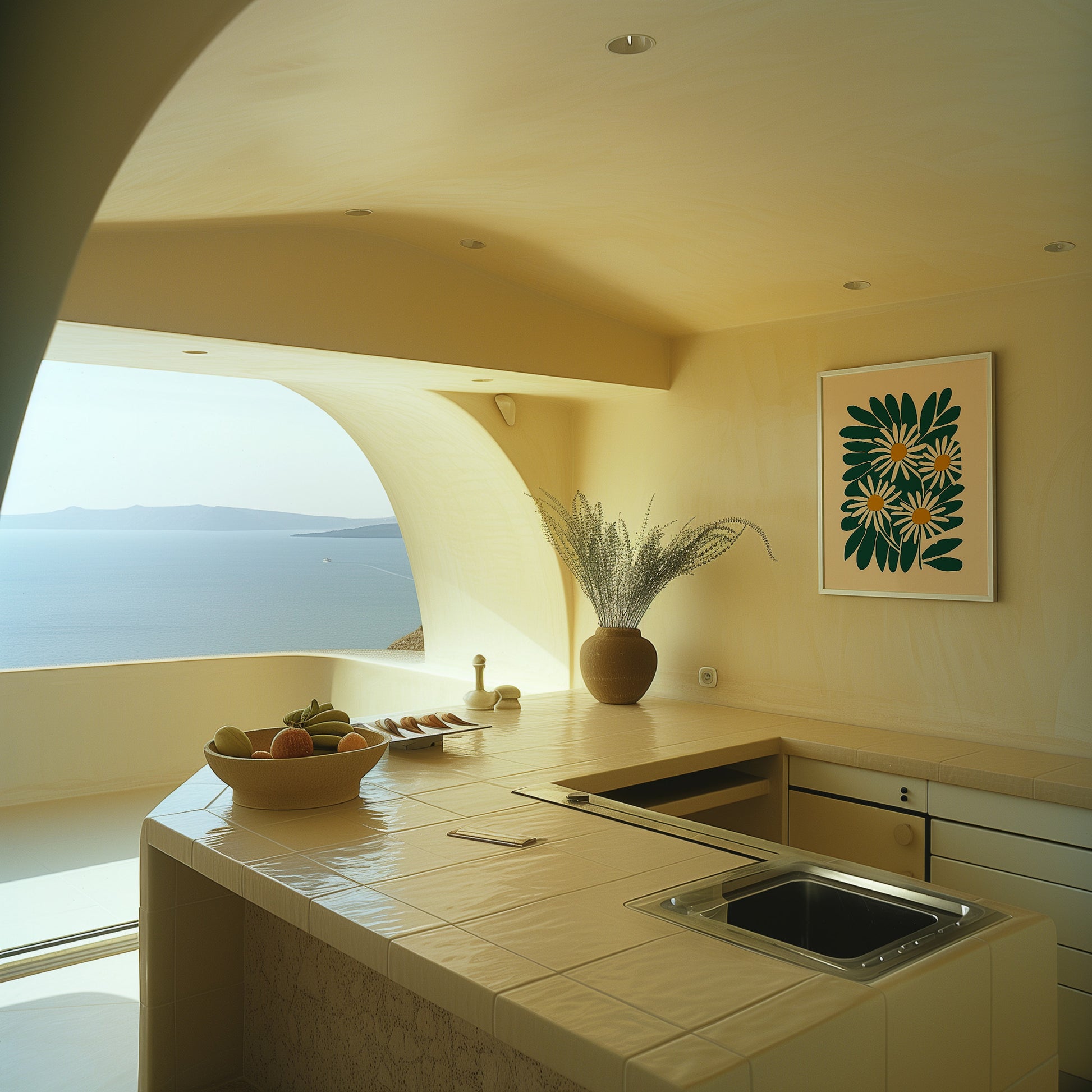 Modern kitchen interior with ocean view and natural light.