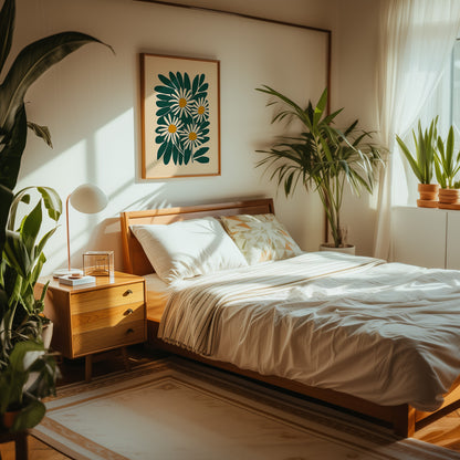 A cozy bedroom with a wooden bed, side table, lamp and plants, bathed in warm sunlight.