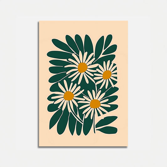 A minimalist floral art print featuring stylized daisies on a beige background.