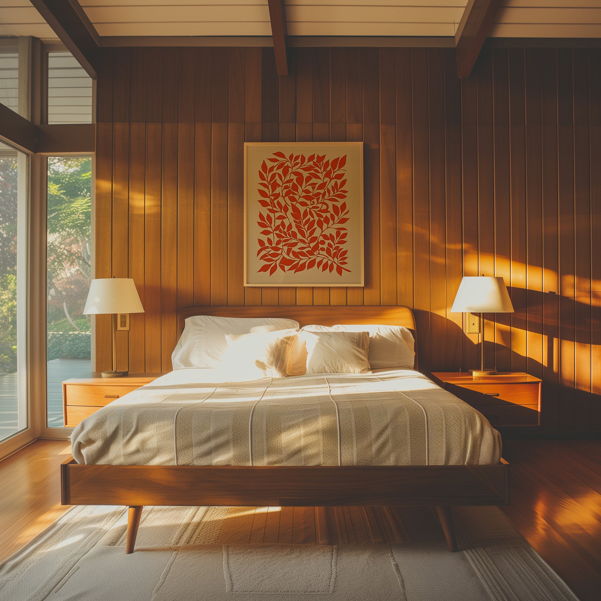 A cozy bedroom with a warm glow, wooden walls, and artwork above the bed.