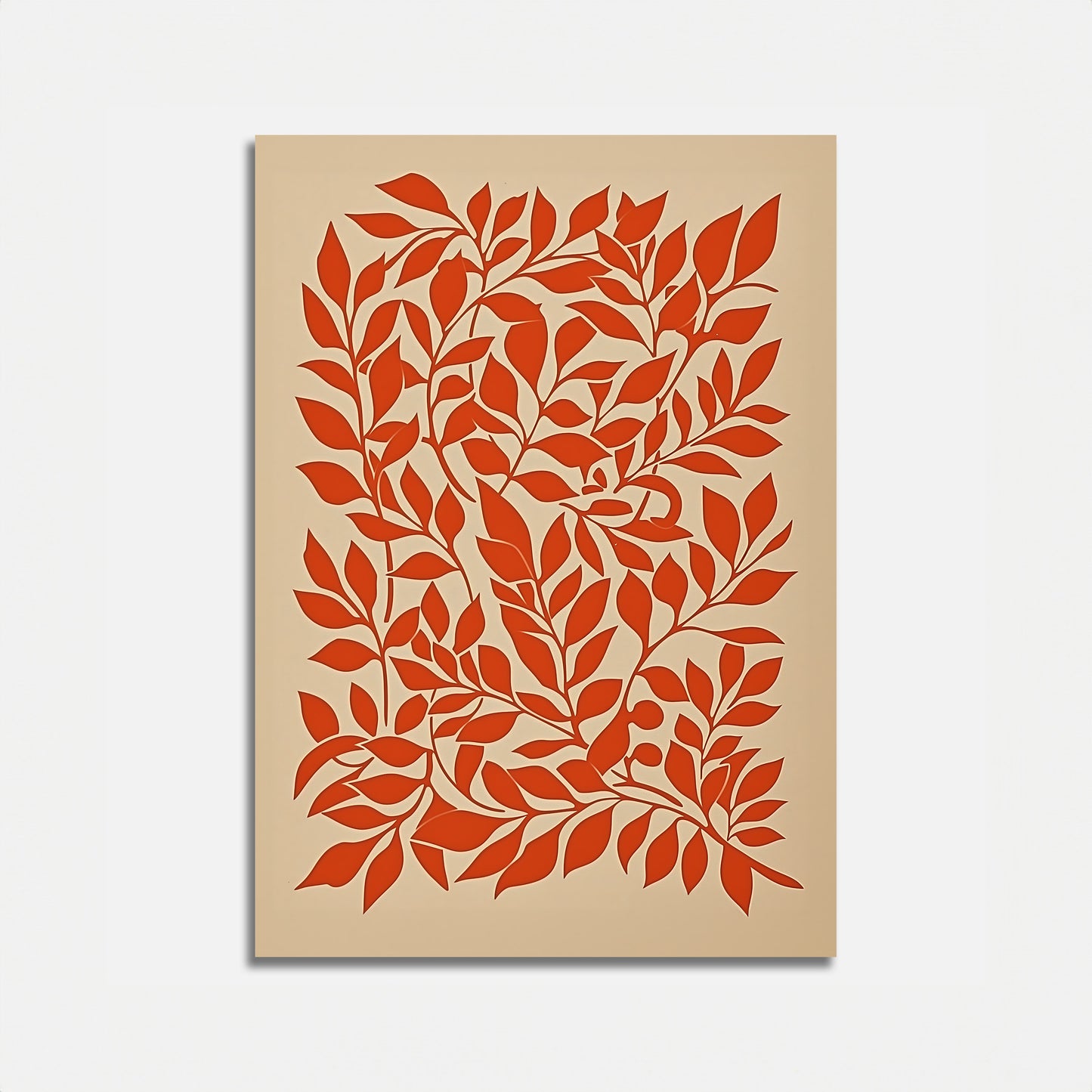 An abstract wall art piece with an intricate red leaf pattern on a beige background.