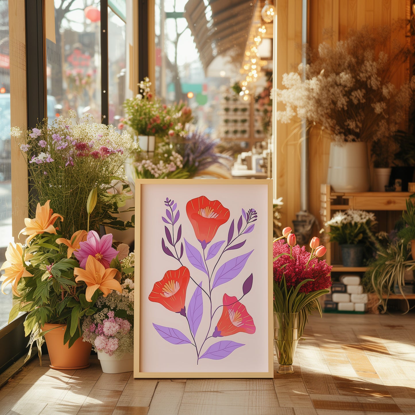 Floral artwork displayed next to fresh flowers inside a sunny, cozy shop.