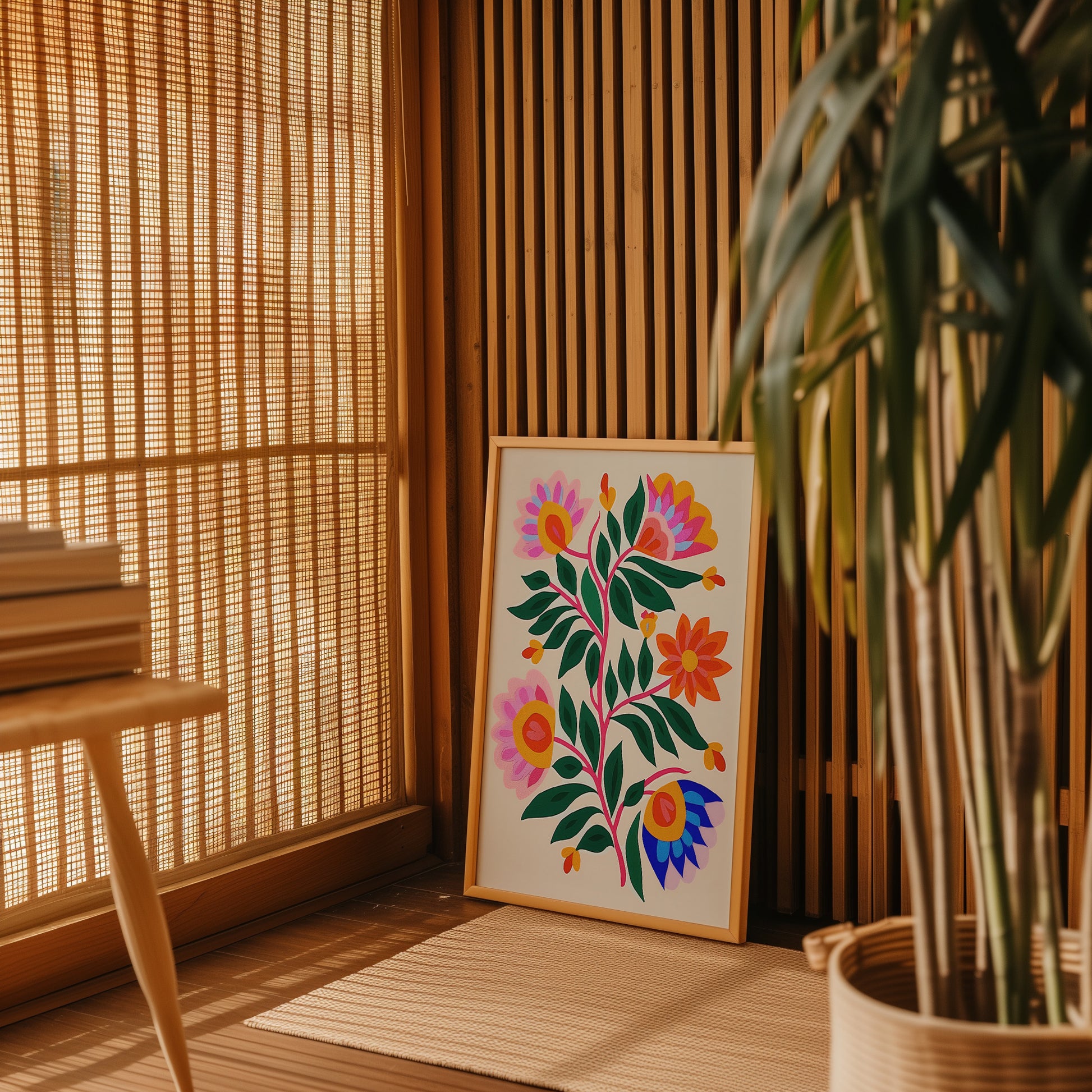 A framed floral artwork leaning against a wall next to a plant in a sunny room with blinds.