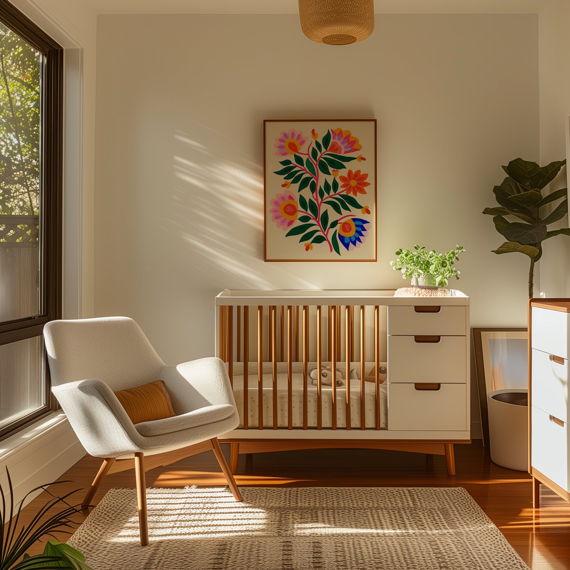A cozy nursery with a crib, armchair, and colorful wall art, bathed in warm sunlight.