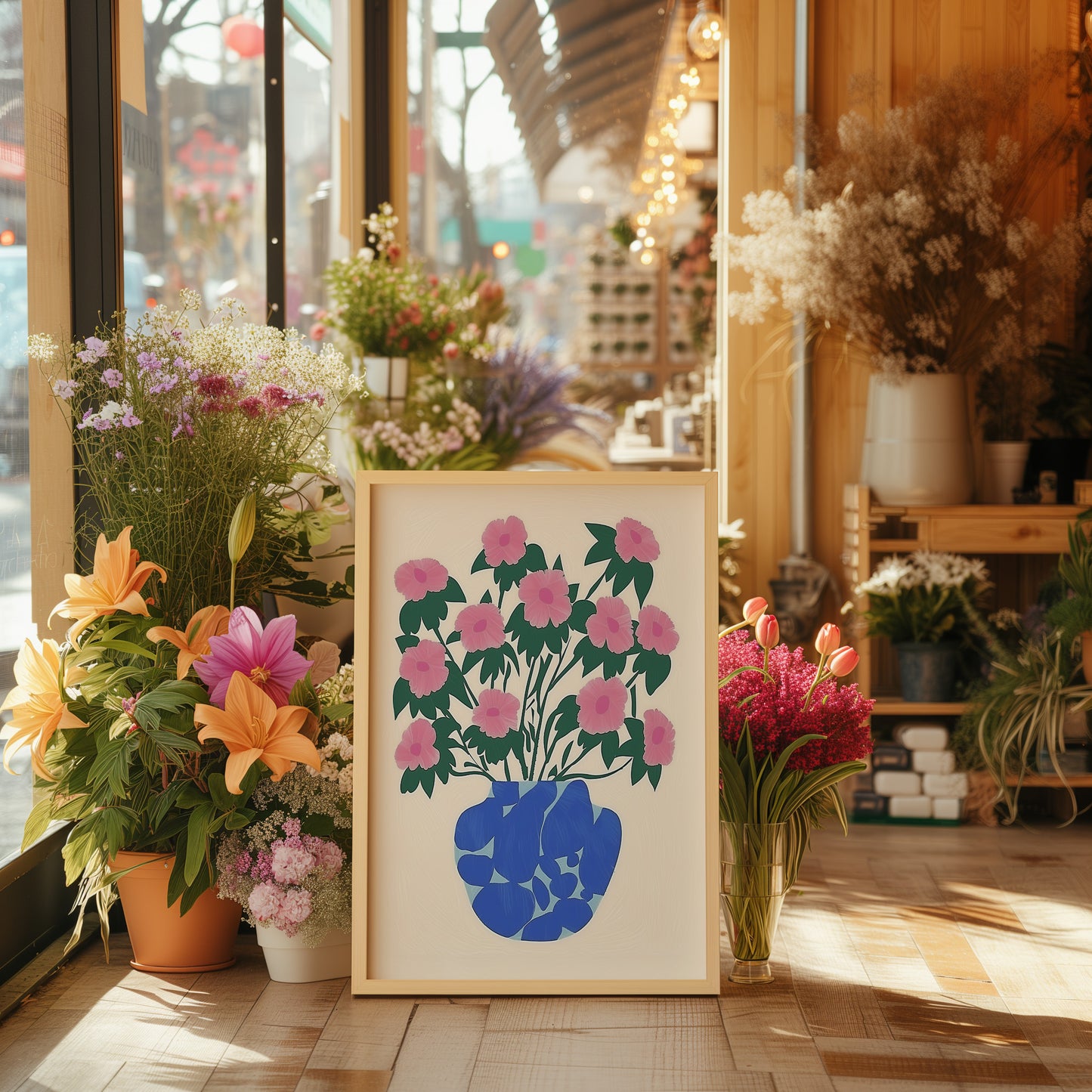 A floral painting beside vibrant flowers inside a cozy sunlit shop.