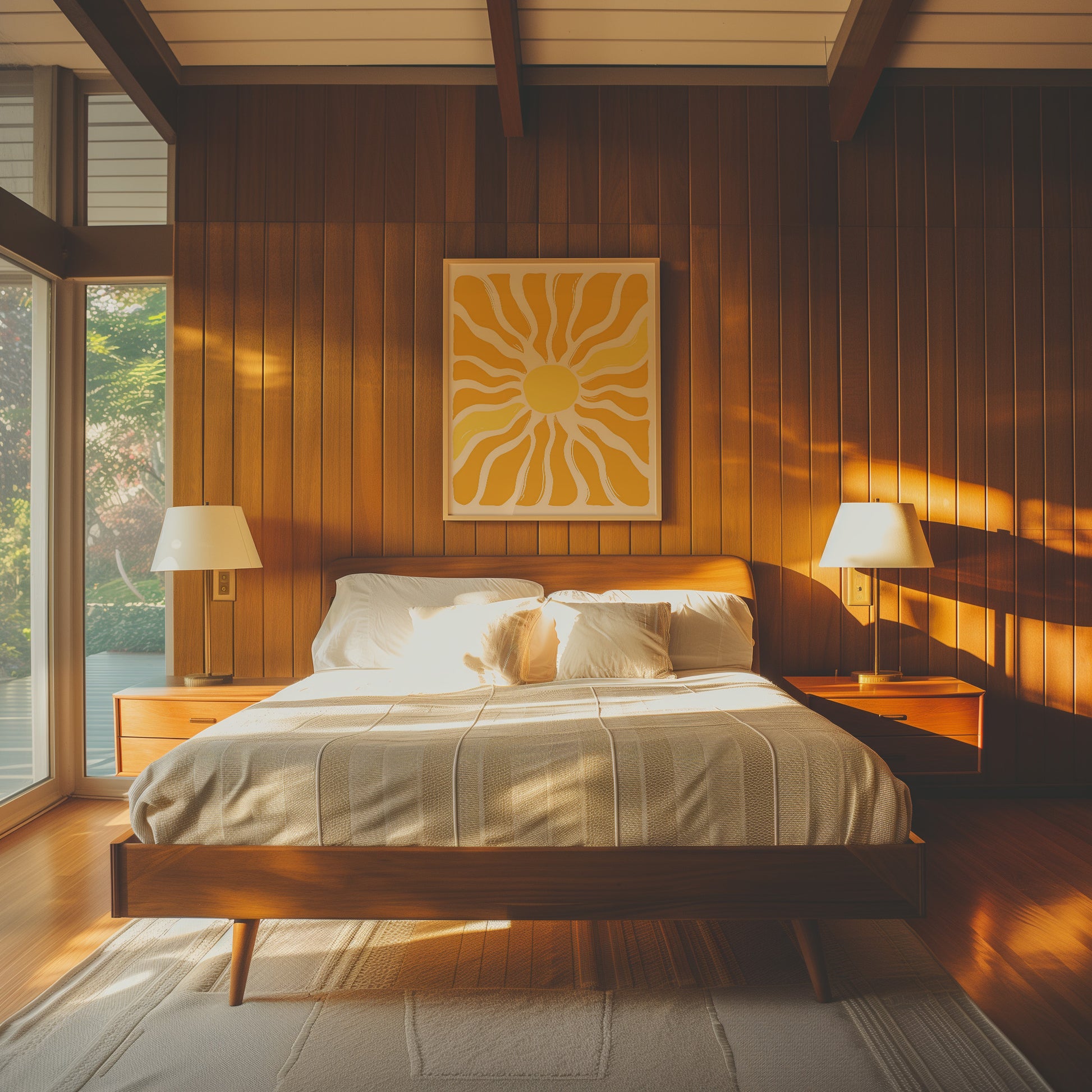 Cozy bedroom with a modern wooden bed, sunlight casting warm glow, artwork above the headboard.